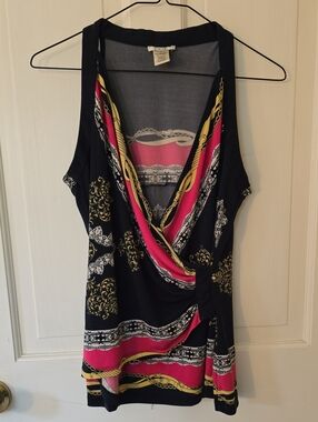 Cache Navy Sleeveless Wrap Tank with Pink & Gold Chain Print Size M